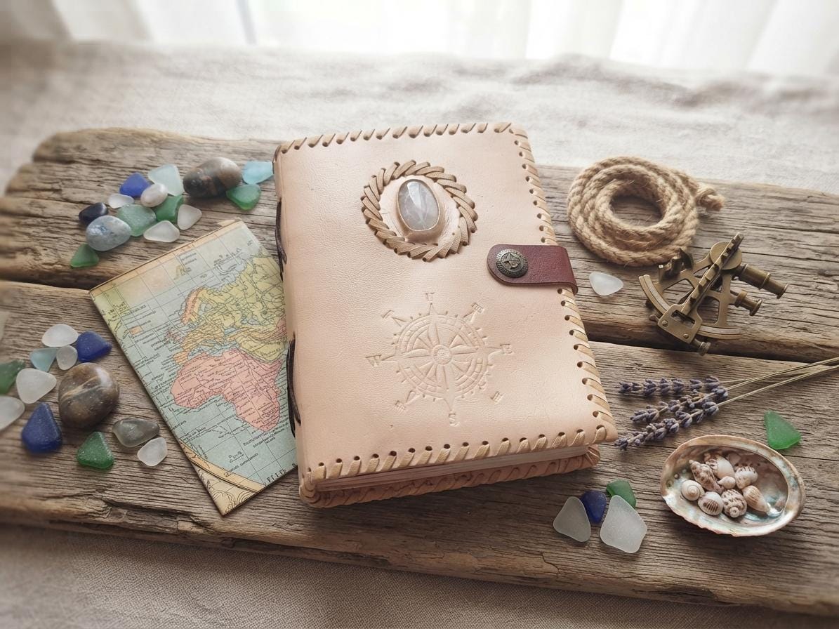 Nautical Compass Journal, Leather Travel Diary with Quartz, Handmade Adventure Notebook, Unisex Travel Journal, Explorer Gift, Leather Diary
