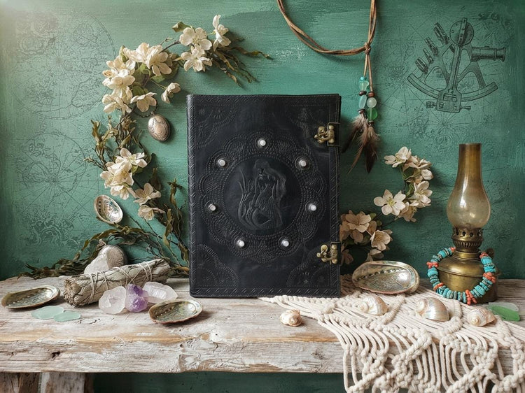 Mermaid Leather Journal, Large Black Leather Notebook, Chakra Stones Diary, Nautical Log Book, Book of Shadows, Gift for Her
