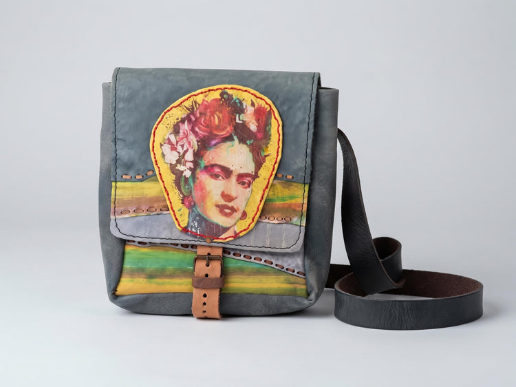 Frida Kahlo Leather Bag, Handmade Boho Satchel, Patchwork Leather Crossbody, Frida Art Bag, Hippie Shoulder Bag, Gift for Art Lover
