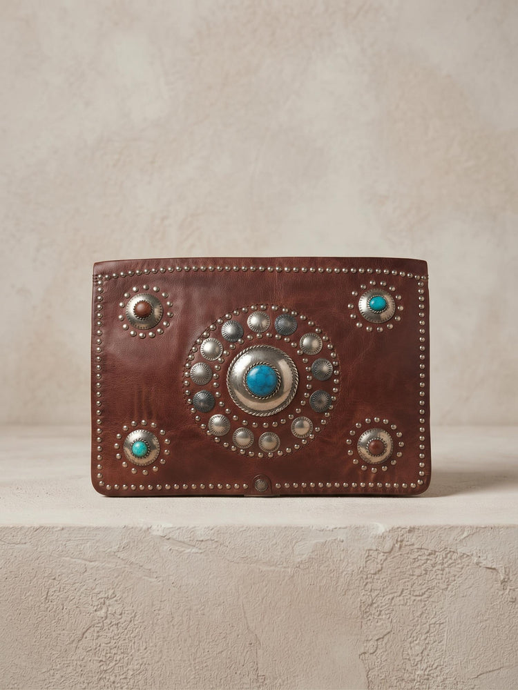 Vintage Moroccan Leather Messenger Bag: Studded Berber Crossbody Satchel