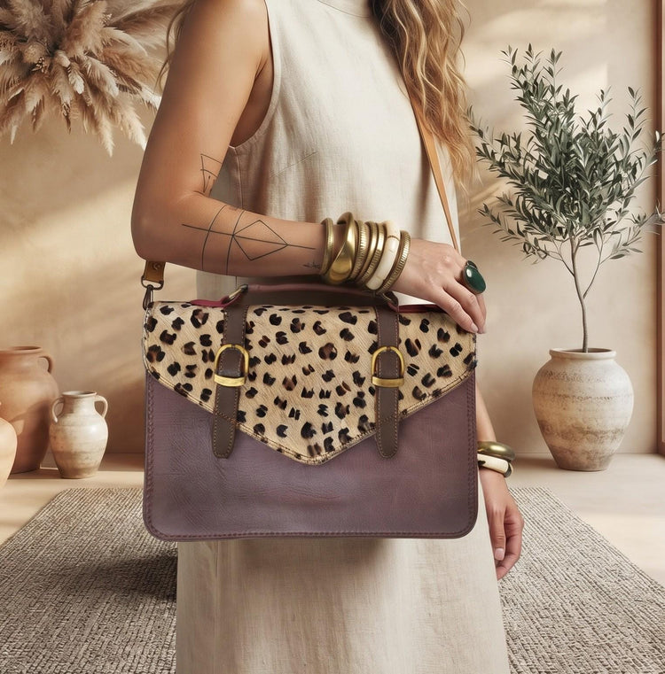 Purple Leather Messenger Bag, Leopard Cowhide Satchel, Womens Work Bag, Animal Print Crossbody, Boho Leather Shoulder Bag, Gift for Her