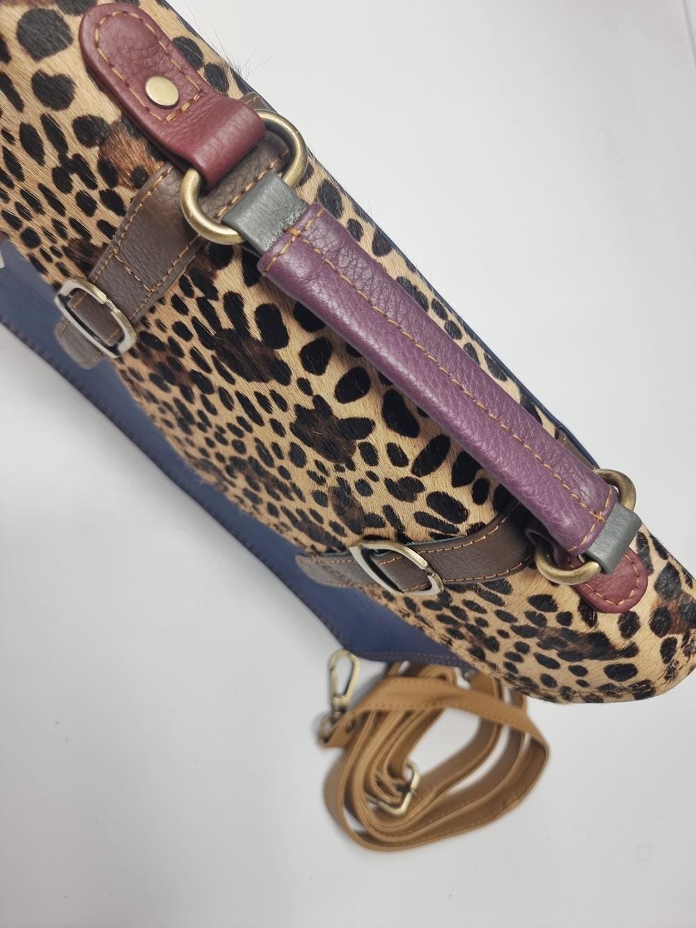 Dark Blue Leather Briefcase, Giraffe Cowhide Messenger Bag, Womens Leather Satchel, Handmade Work Bag, Boho Shoulder Bag, Gift for Her
