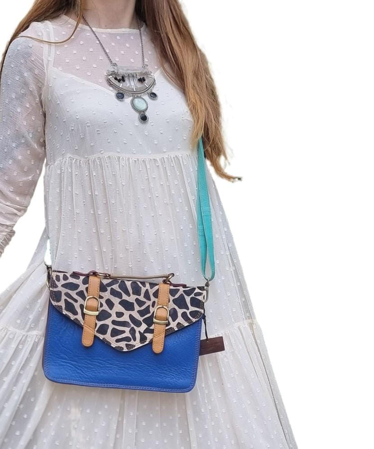 Dark Blue Leather Briefcase, Giraffe Cowhide Messenger Bag, Womens Leather Satchel, Handmade Work Bag, Boho Shoulder Bag, Gift for Her