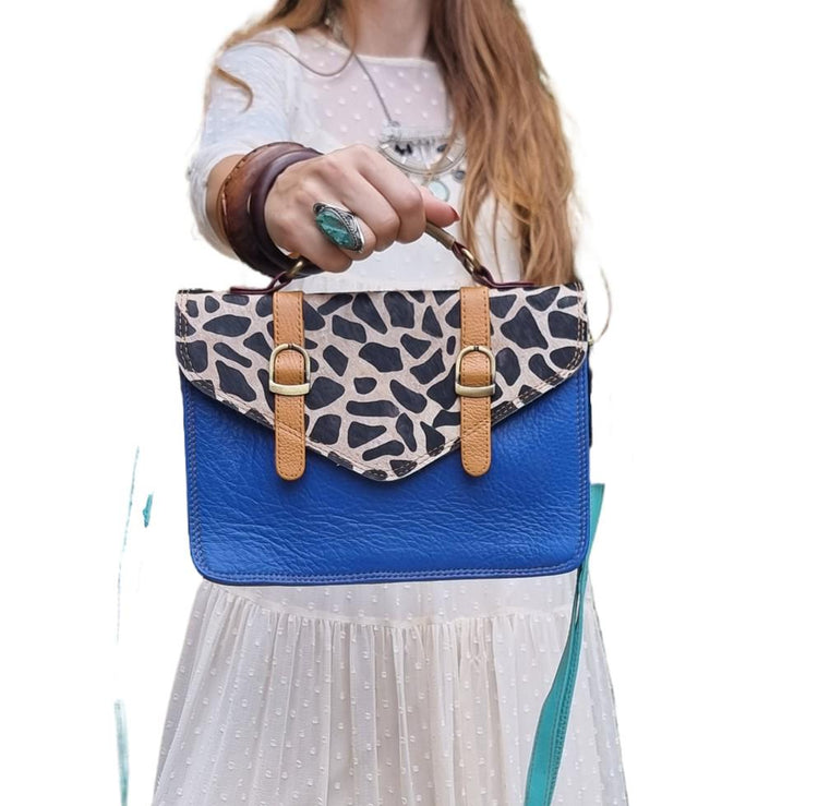 Dark Blue Leather Briefcase, Giraffe Cowhide Messenger Bag, Womens Leather Satchel, Handmade Work Bag, Boho Shoulder Bag, Gift for Her
