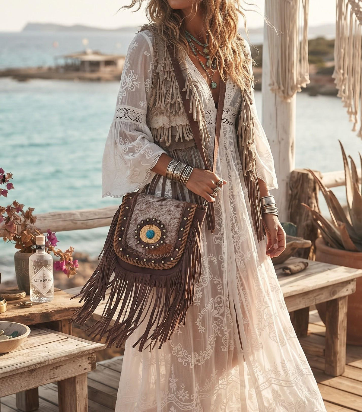 Boho Fringe Leather Crossbody Bag, Cowhide Western Purse, Tan Brown Cowgirl Bag, Hippie Festival Tassel Handbag