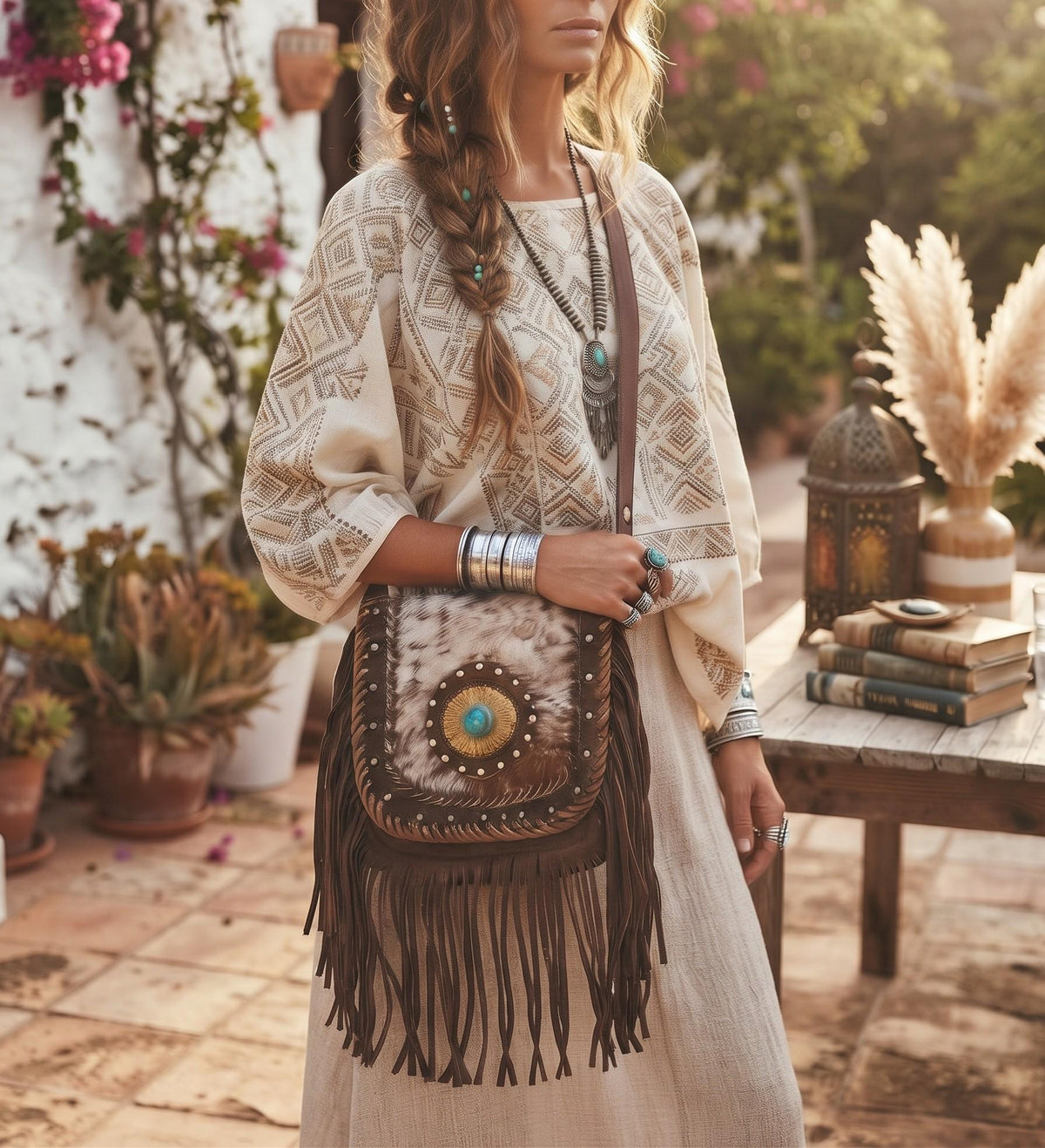 Boho Fringe Leather Crossbody Bag, Cowhide Western Purse, Tan Brown Cowgirl Bag, Hippie Festival Tassel Handbag