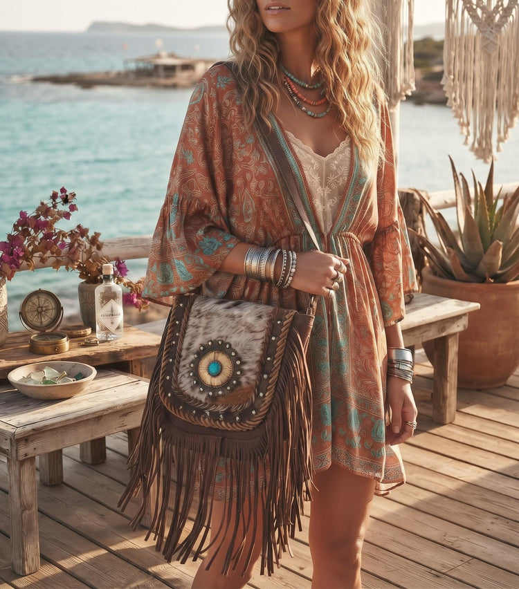 Boho Fringe Leather Crossbody Bag, Cowhide Western Purse, Tan Brown Cowgirl Bag, Hippie Festival Tassel Handbag