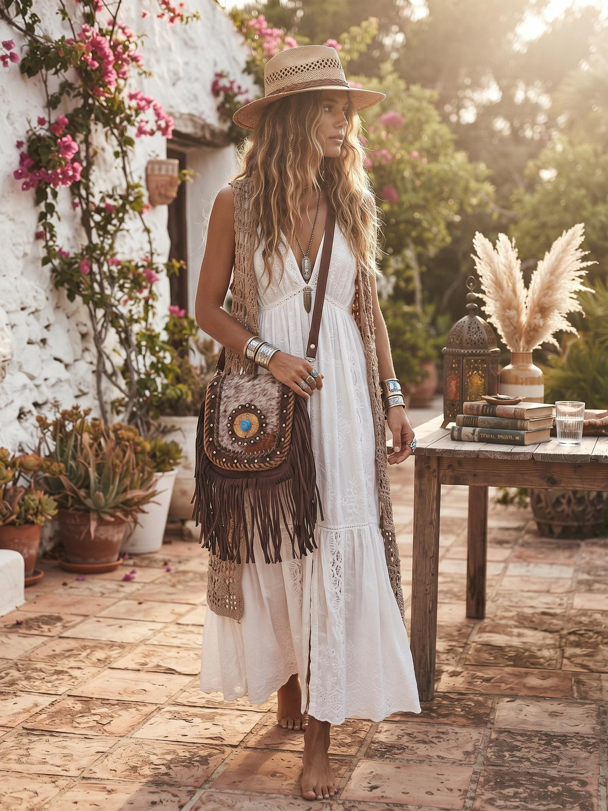 Boho Fringe Leather Crossbody Bag, Cowhide Western Purse, Tan Brown Cowgirl Bag, Hippie Festival Tassel Handbag