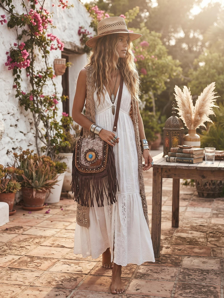 Boho Fringe Leather Crossbody Bag, Cowhide Western Purse, Tan Brown Cowgirl Bag, Hippie Festival Tassel Handbag
