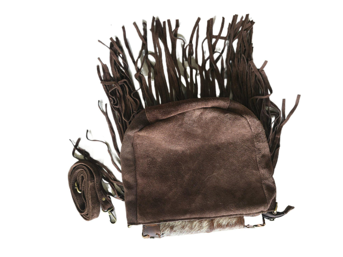 Boho Fringe Leather Crossbody Bag, Cowhide Western Purse, Tan Brown Cowgirl Bag, Hippie Festival Tassel Handbag