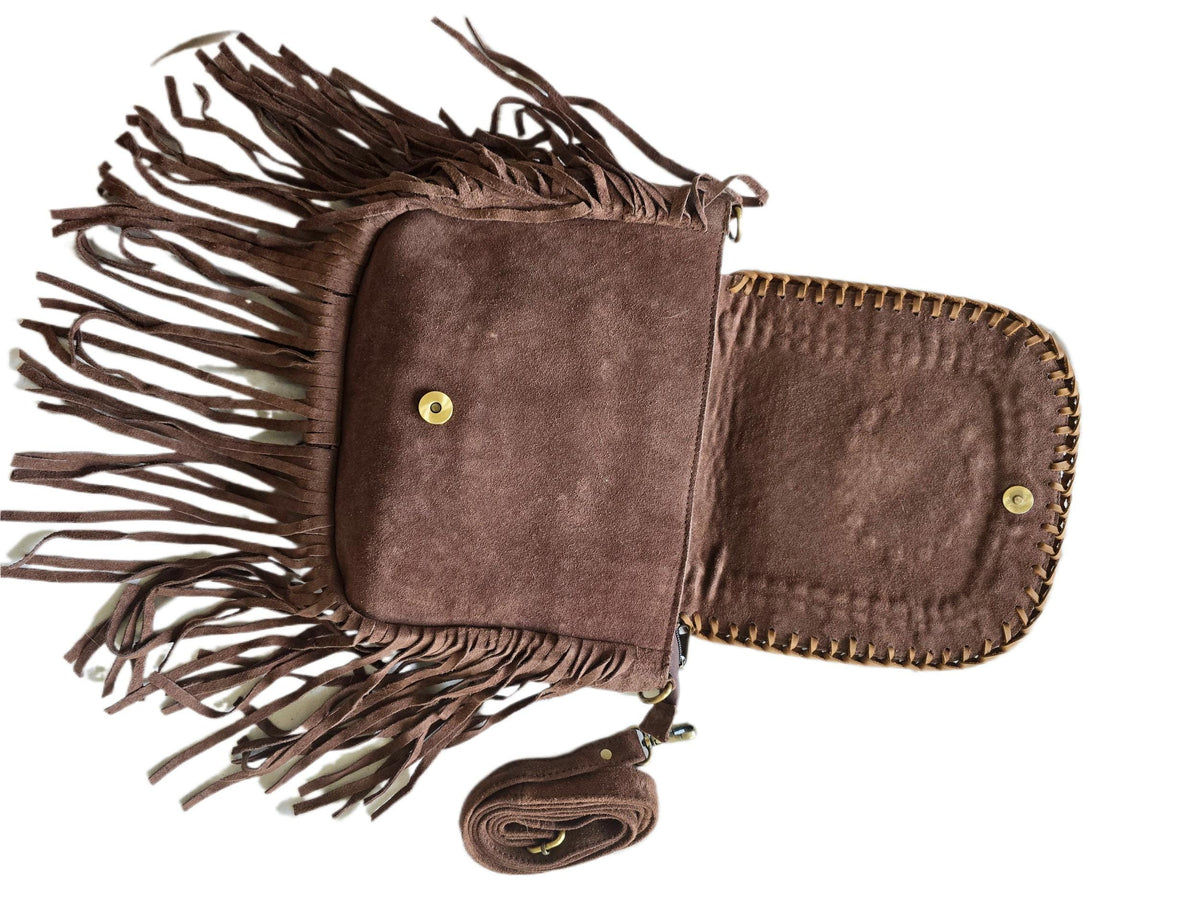 Boho Fringe Leather Crossbody Bag, Cowhide Western Purse, Tan Brown Cowgirl Bag, Hippie Festival Tassel Handbag