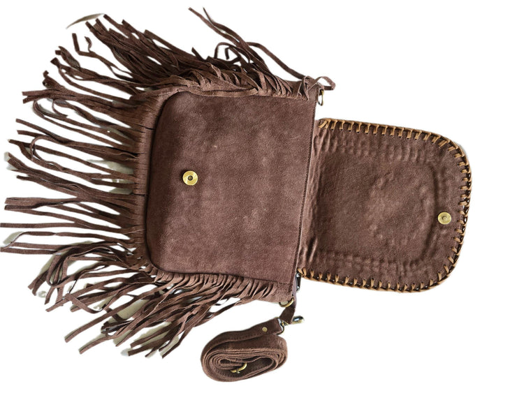 Boho Fringe Leather Crossbody Bag, Cowhide Western Purse, Tan Brown Cowgirl Bag, Hippie Festival Tassel Handbag