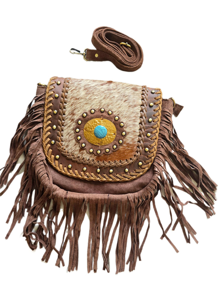 Boho Fringe Leather Crossbody Bag, Cowhide Western Purse, Tan Brown Cowgirl Bag, Hippie Festival Tassel Handbag