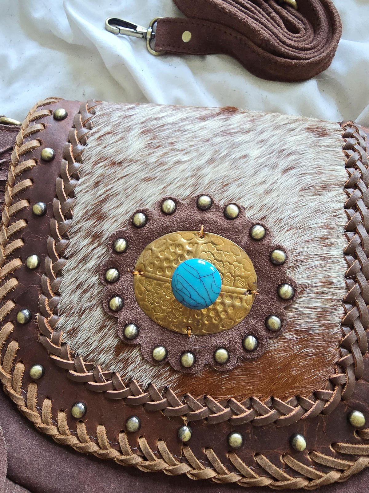Boho Fringe Leather Crossbody Bag, Cowhide Western Purse, Tan Brown Cowgirl Bag, Hippie Festival Tassel Handbag