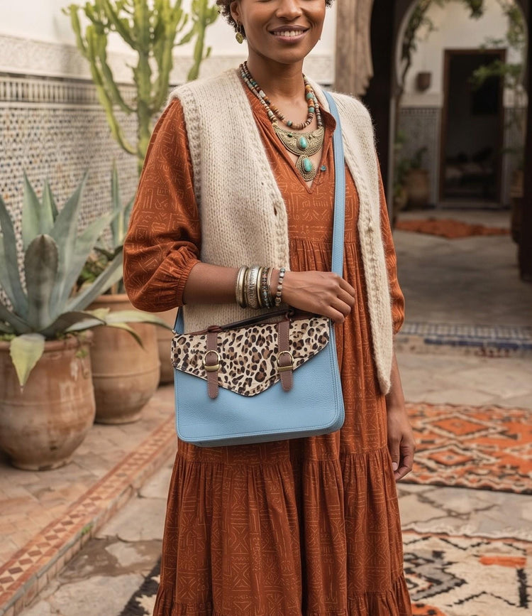 Blue Leather Messenger Bag, Leopard Cowhide Crossbody, Womens Leather Satchel, Animal Print Shoulder Bag, Boho Leather Bag, Gift for Her