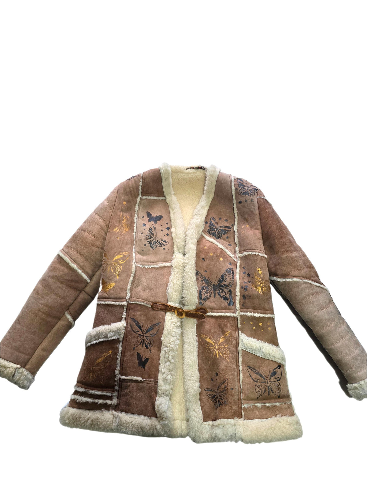 Vintage 1970s Shearling Coat S, Butterfly Leather Jacket, 70s Hippie Coat, Boho Sheepskin Winter Jacket, Festival Afghan Coat
