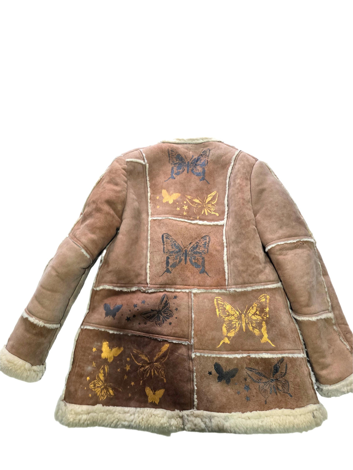 Vintage 1970s Shearling Coat S, Butterfly Leather Jacket, 70s Hippie Coat, Boho Sheepskin Winter Jacket, Festival Afghan Coat