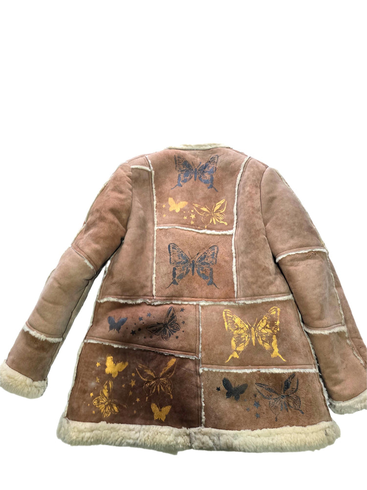 Vintage 1970s Shearling Coat S, Butterfly Leather Jacket, 70s Hippie Coat, Boho Sheepskin Winter Jacket, Festival Afghan Coat