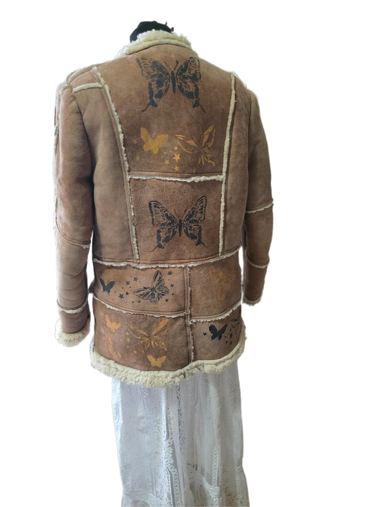Vintage 1970s Shearling Coat S, Butterfly Leather Jacket, 70s Hippie Coat, Boho Sheepskin Winter Jacket, Festival Afghan Coat