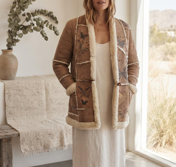 Vintage 1970s Shearling Coat S, Butterfly Leather Jacket, 70s Hippie Coat, Boho Sheepskin Winter Jacket, Festival Afghan Coat