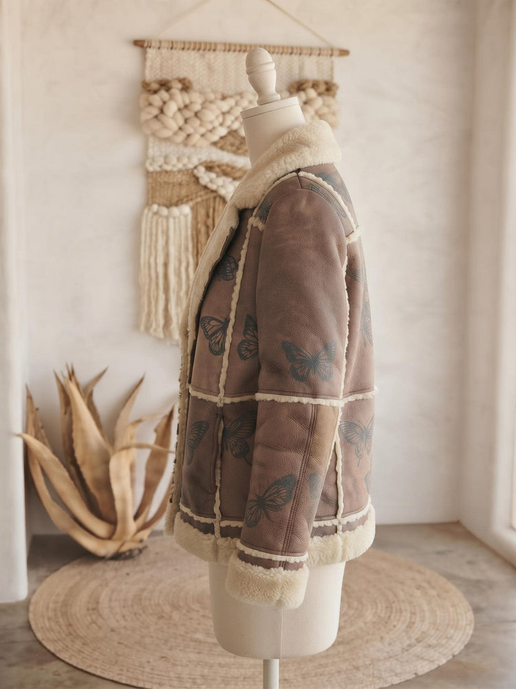 Vintage 1970s Shearling Coat S, Butterfly Leather Jacket, 70s Hippie Coat, Boho Sheepskin Winter Jacket, Festival Afghan Coat