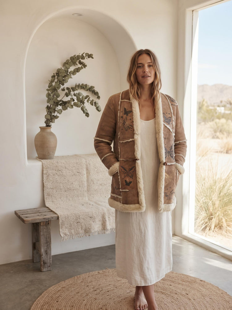 Vintage 1970s Shearling Coat S, Butterfly Leather Jacket, 70s Hippie Coat, Boho Sheepskin Winter Jacket, Festival Afghan Coat