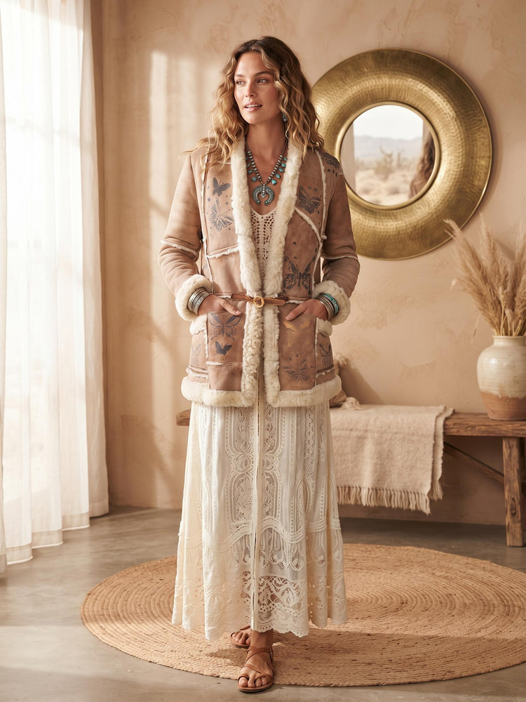 Vintage 1970s Shearling Coat S, Butterfly Leather Jacket, 70s Hippie Coat, Boho Sheepskin Winter Jacket, Festival Afghan Coat