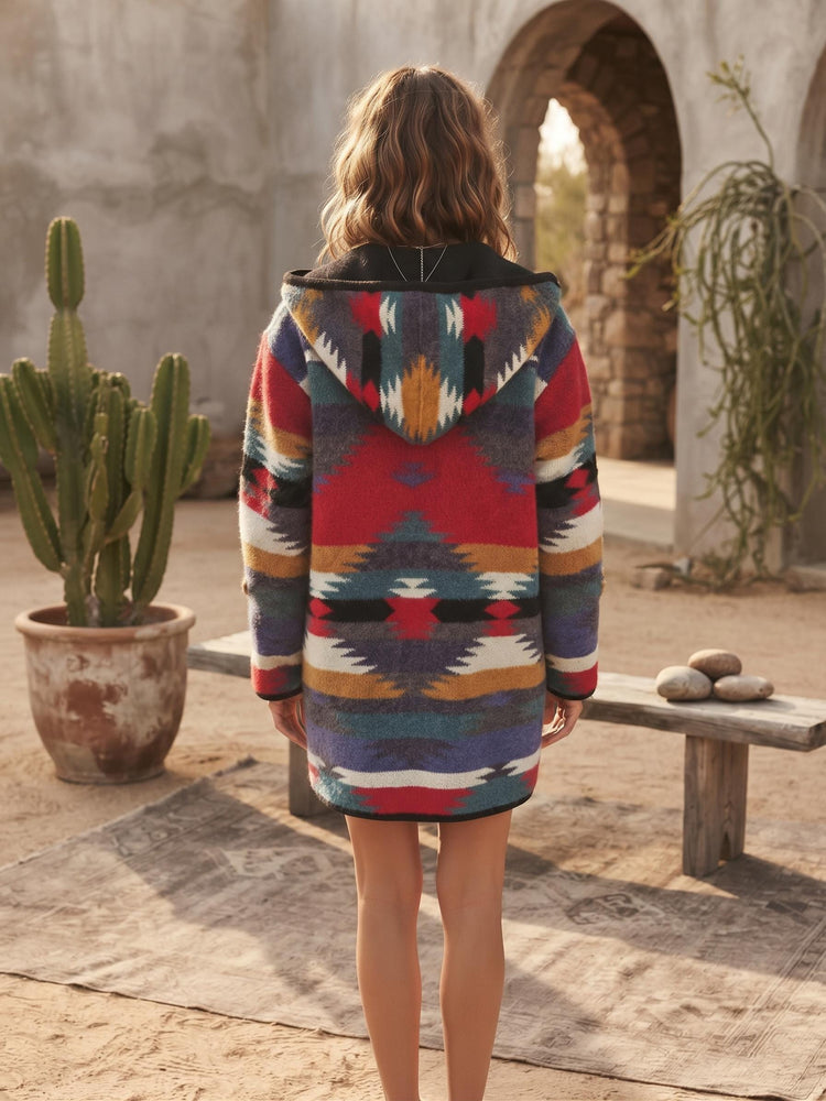 Aztec Wool Style Jacket, Y2K Hooded Winter Coat, Southwestern Boho Jacket, Unisex Festival Coat, Woven Duffle Jacket, Quilted Coat