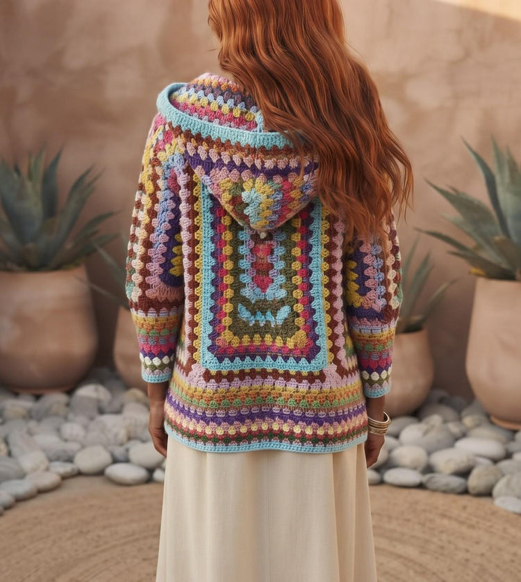 Rainbow Granny Crochet Cardigan M S, Colourful Hooded Knit Jacket, Multicolour Hippie Boho Jumper, Handmade Cottagecore Sweater