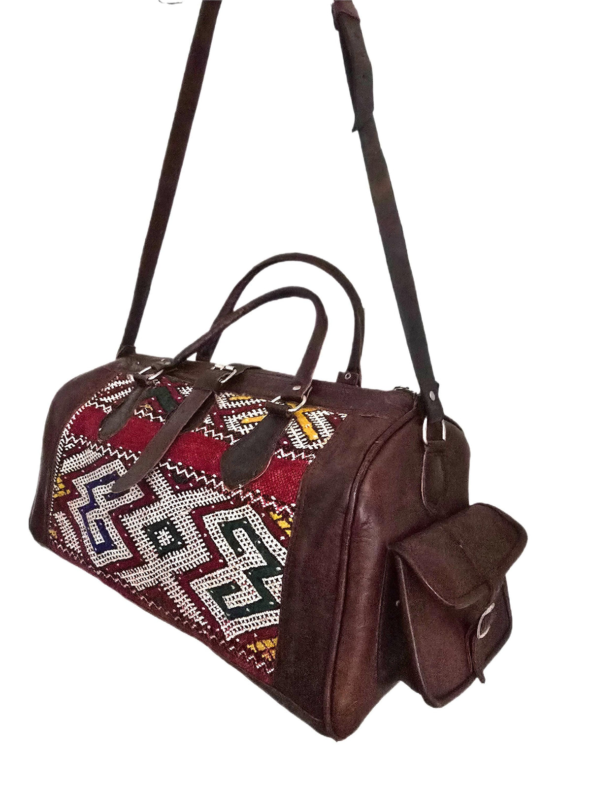 Vintage Moroccan Kilim Carpet Travel Bag, Large Leather Duffle, Boho Weekender Holdall, Hippie Festival Bag, Vintage Leather Bag