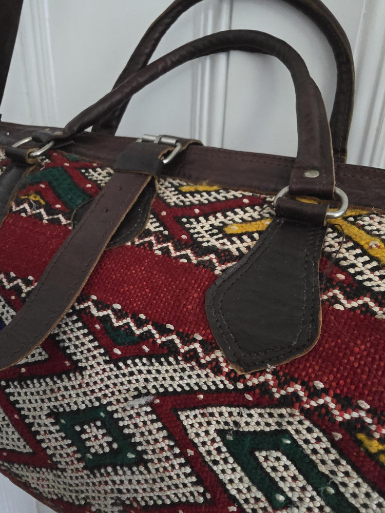 Vintage Moroccan Kilim Carpet Travel Bag, Large Leather Duffle, Boho Weekender Holdall, Hippie Festival Bag, Vintage Leather Bag
