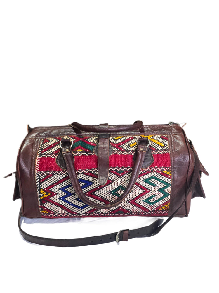 Vintage Moroccan Kilim Carpet Travel Bag, Large Leather Duffle, Boho Weekender Holdall, Hippie Festival Bag, Vintage Leather Bag