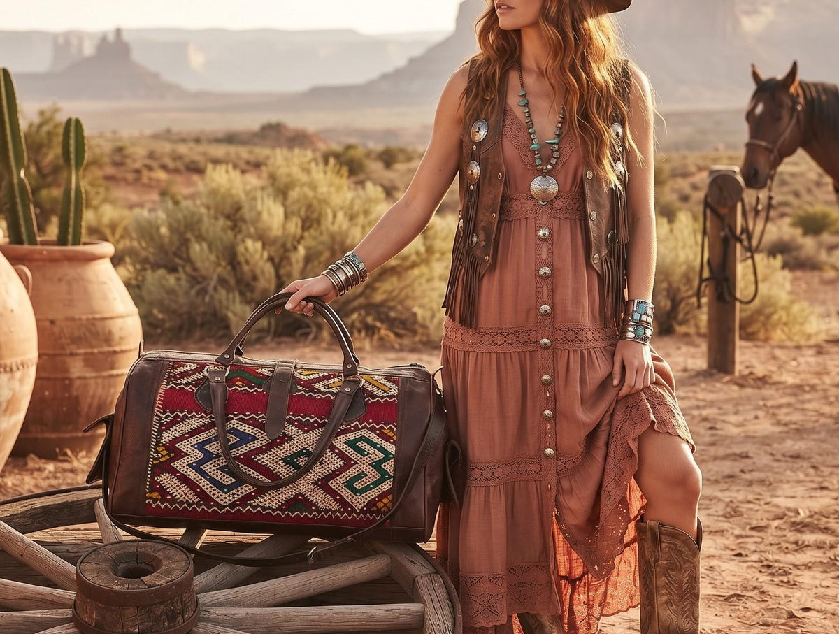 Vintage Moroccan Kilim Carpet Travel Bag, Large Leather Duffle, Boho Weekender Holdall, Hippie Festival Bag, Vintage Leather Bag