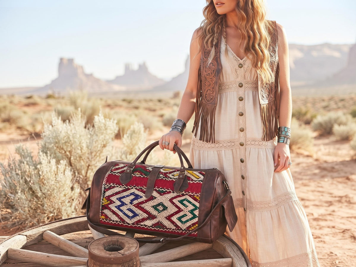 Vintage Moroccan Kilim Carpet Travel Bag, Large Leather Duffle, Boho Weekender Holdall, Hippie Festival Bag, Vintage Leather Bag