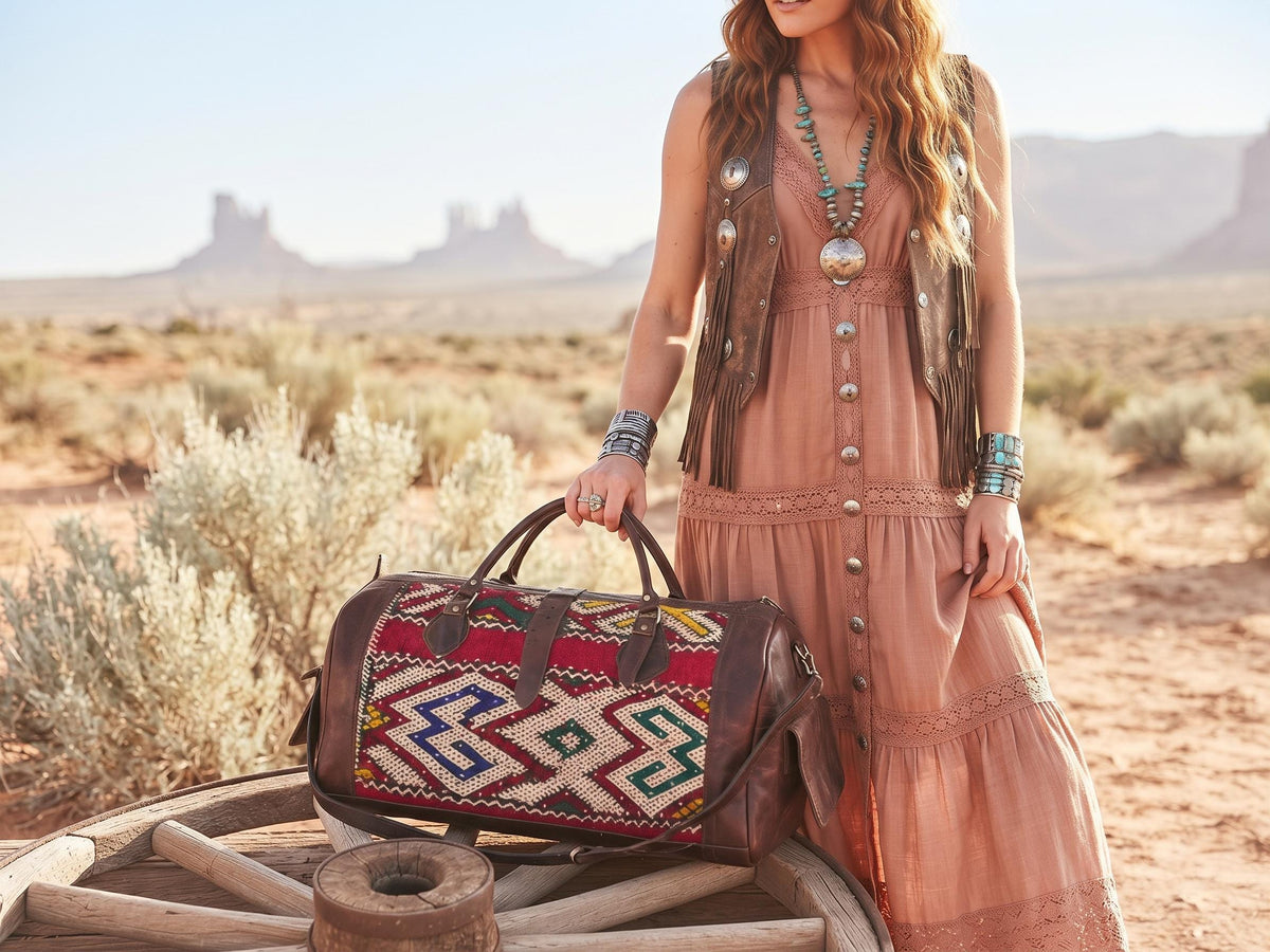 Vintage Moroccan Kilim Carpet Travel Bag, Large Leather Duffle, Boho Weekender Holdall, Hippie Festival Bag, Vintage Leather Bag