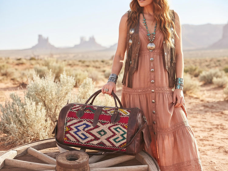 Vintage Moroccan Kilim Carpet Travel Bag, Large Leather Duffle, Boho Weekender Holdall, Hippie Festival Bag, Vintage Leather Bag