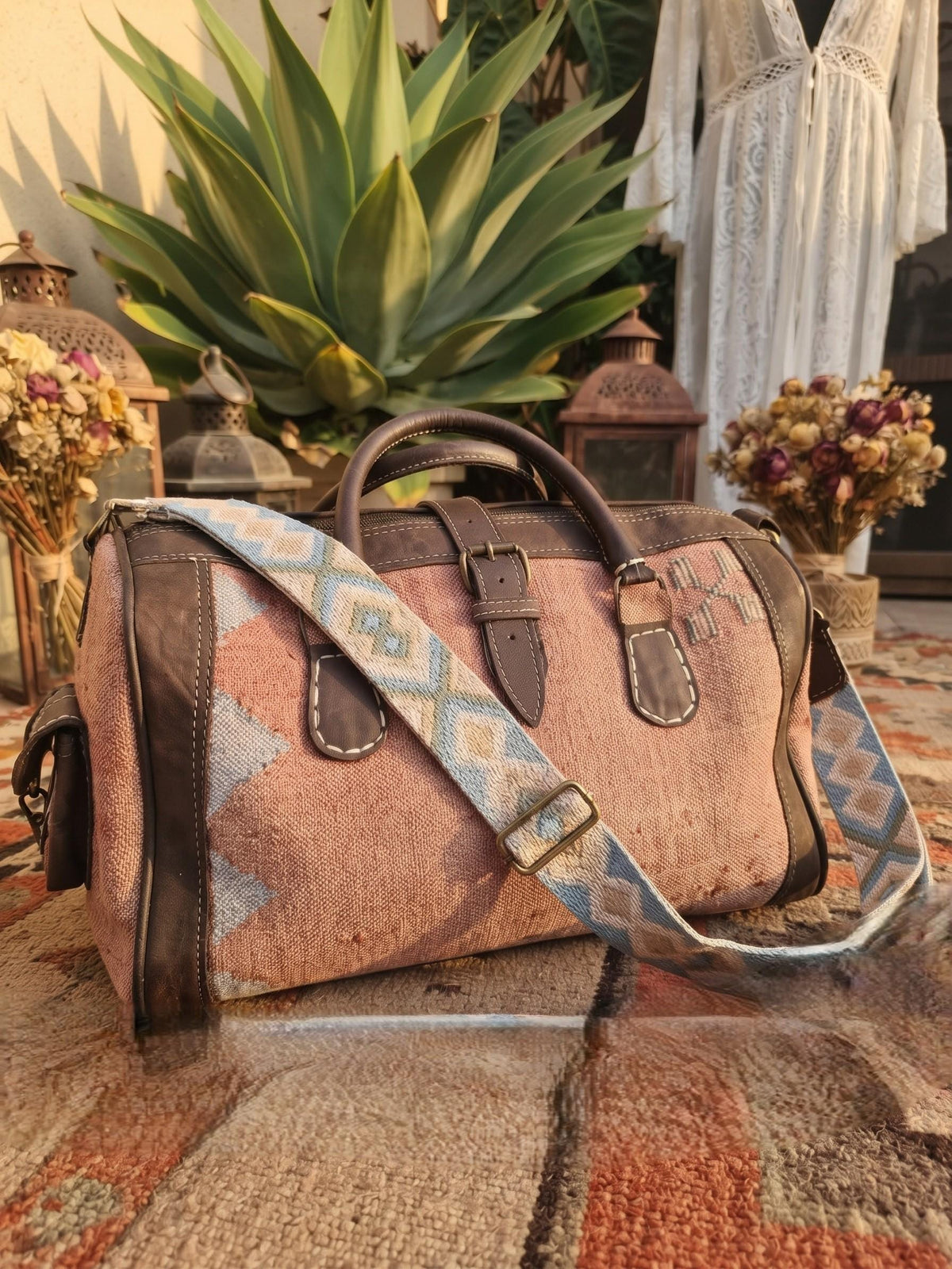 Vintage Moroccan Cactus Silk Bag, Kilim Carpet Duffle, Boho Travel Bag, Leather Weekender, Yoga Gym Bag, Carry On Hand Luggage