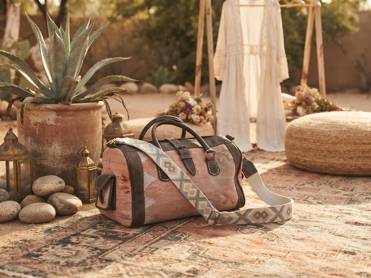 Vintage Moroccan Cactus Silk Bag, Kilim Carpet Duffle, Boho Travel Bag, Leather Weekender, Yoga Gym Bag, Carry On Hand Luggage