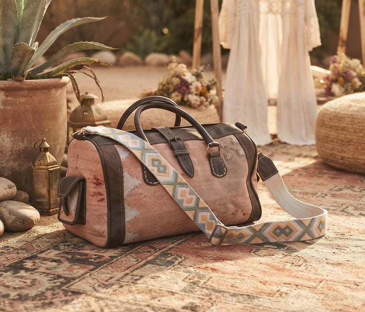 Vintage Moroccan Cactus Silk Bag, Kilim Carpet Duffle, Boho Travel Bag, Leather Weekender, Yoga Gym Bag, Carry On Hand Luggage
