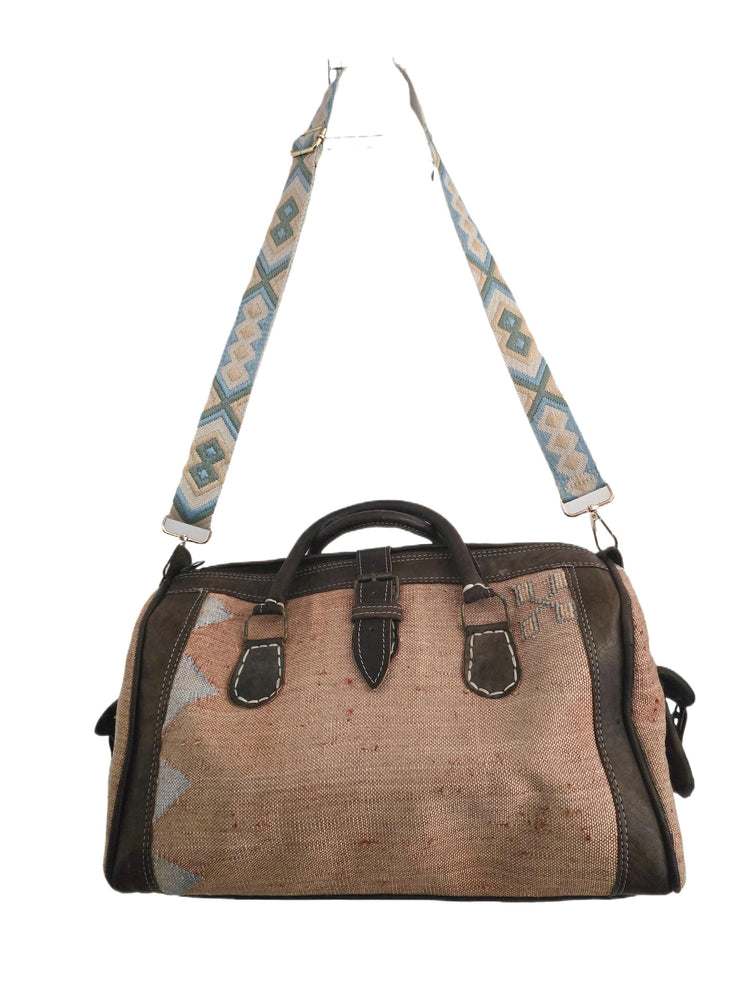 Vintage Moroccan Cactus Silk Bag, Kilim Carpet Duffle, Boho Travel Bag, Leather Weekender, Yoga Gym Bag, Carry On Hand Luggage