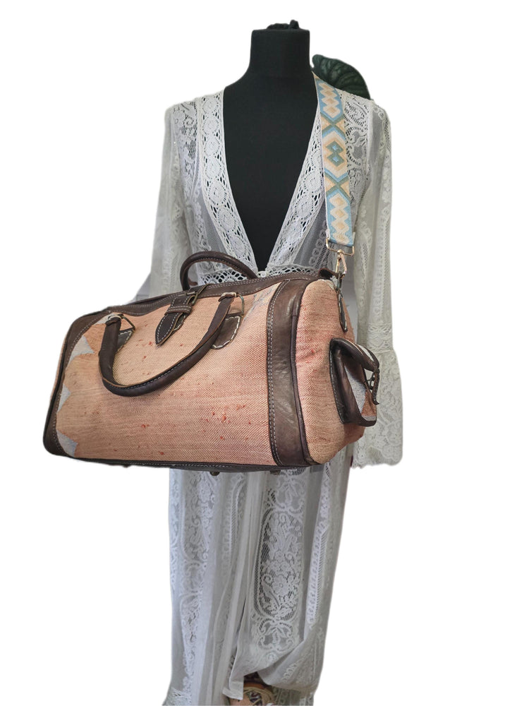 Vintage Moroccan Cactus Silk Bag, Kilim Carpet Duffle, Boho Travel Bag, Leather Weekender, Yoga Gym Bag, Carry On Hand Luggage