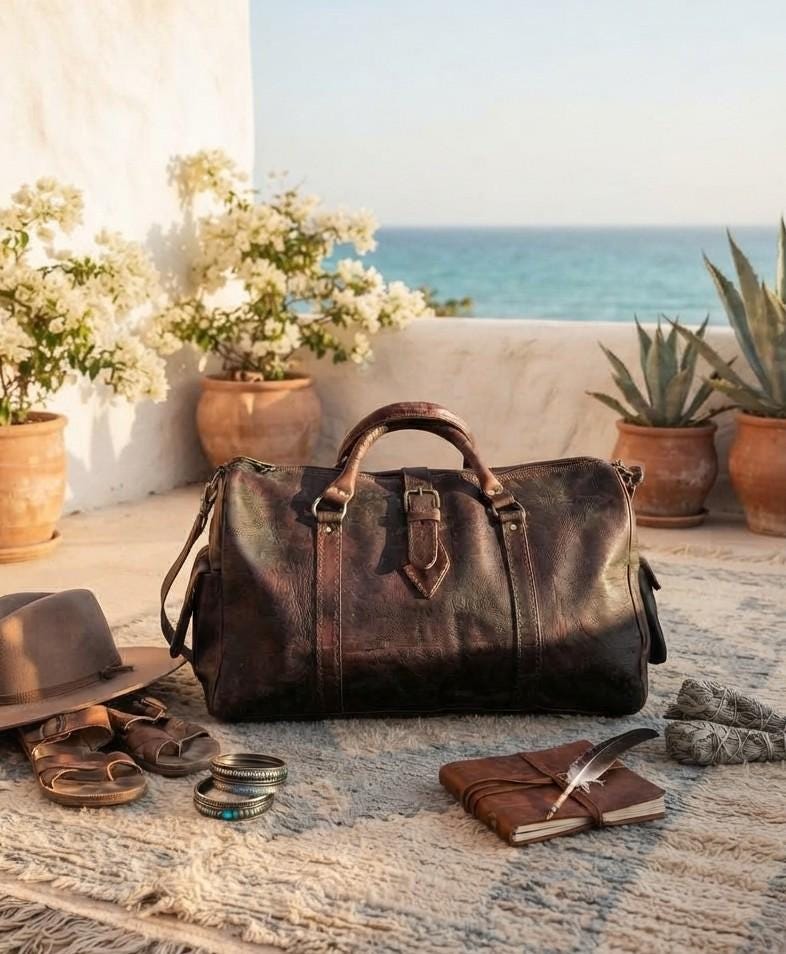 Vintage Dark Brown Leather Travel Bag, Moroccan Leather Duffle, Boho Hippie Weekender, Unisex Hand Luggage, Mens Womens Travel Bag