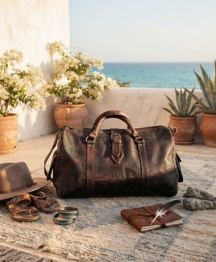 Vintage Dark Brown Leather Travel Bag, Moroccan Leather Duffle, Boho Hippie Weekender, Unisex Hand Luggage, Mens Womens Travel Bag