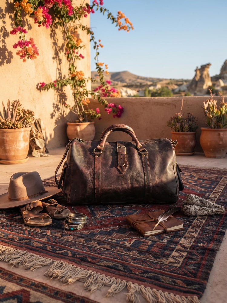 Vintage Dark Brown Leather Travel Bag, Moroccan Leather Duffle, Boho Hippie Weekender, Unisex Hand Luggage, Mens Womens Travel Bag