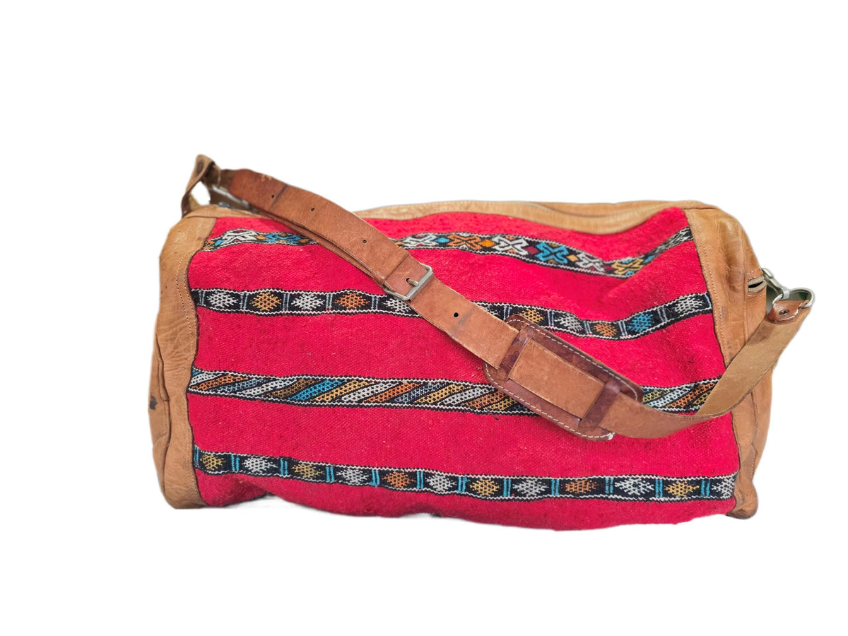 Vintage Moroccan Kilim Carpet Travel Bag, Large Leather Duffle, Boho Weekender Holdall, Hippie Festival Bag, Vintage Leather Bag