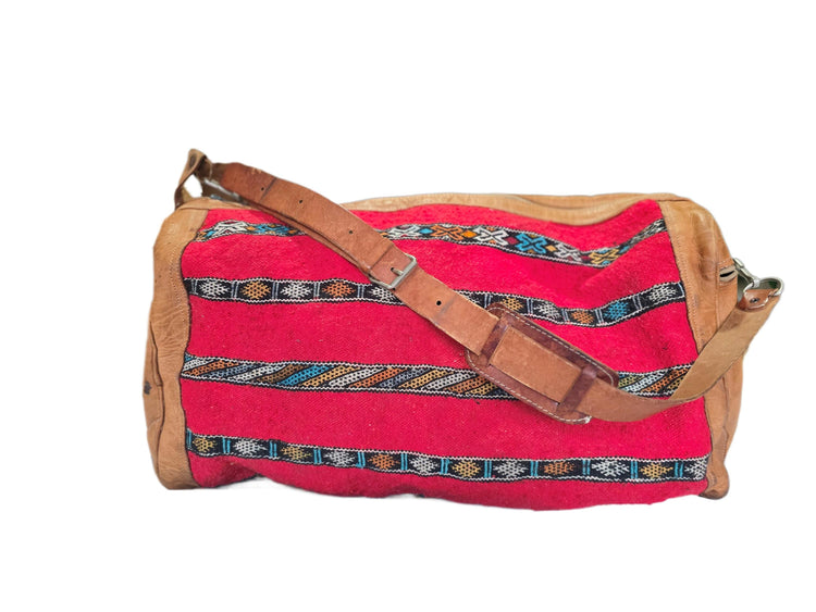 Vintage Moroccan Kilim Carpet Travel Bag, Large Leather Duffle, Boho Weekender Holdall, Hippie Festival Bag, Vintage Leather Bag