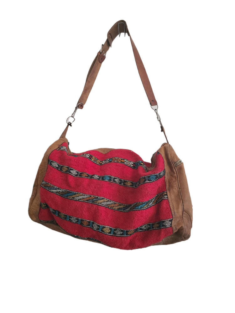 Vintage Moroccan Kilim Carpet Travel Bag, Large Leather Duffle, Boho Weekender Holdall, Hippie Festival Bag, Vintage Leather Bag