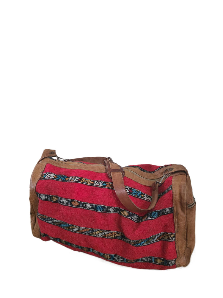 Vintage Moroccan Kilim Carpet Travel Bag, Large Leather Duffle, Boho Weekender Holdall, Hippie Festival Bag, Vintage Leather Bag