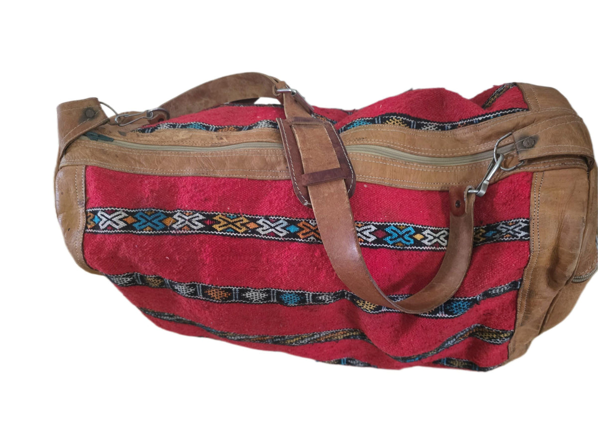 Vintage Moroccan Kilim Carpet Travel Bag, Large Leather Duffle, Boho Weekender Holdall, Hippie Festival Bag, Vintage Leather Bag