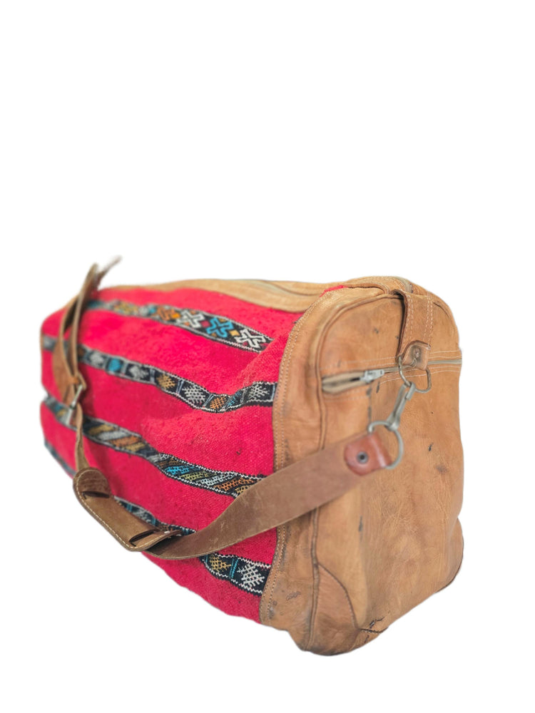 Vintage Moroccan Kilim Carpet Travel Bag, Large Leather Duffle, Boho Weekender Holdall, Hippie Festival Bag, Vintage Leather Bag